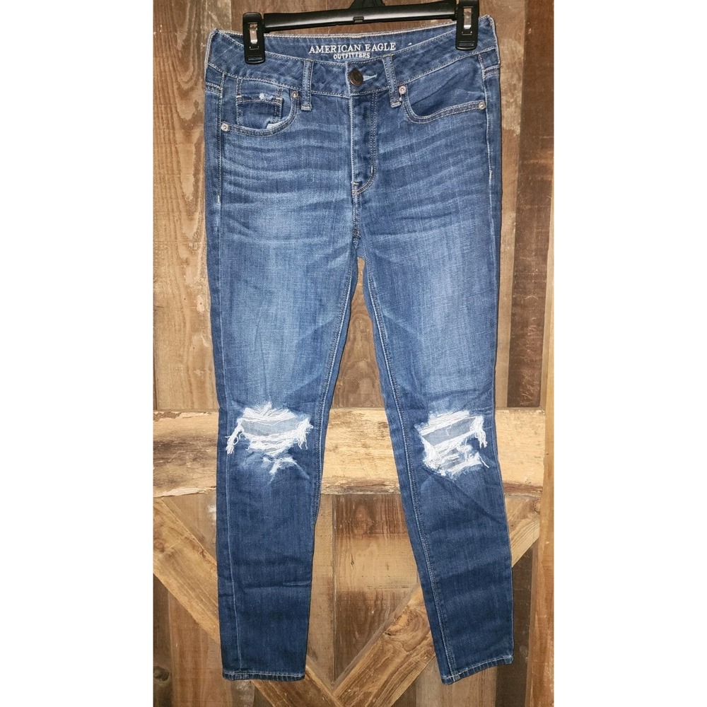 American Eagle Tomgirl Jeans Womens 00 Dark Wash Distressed Western Grunge